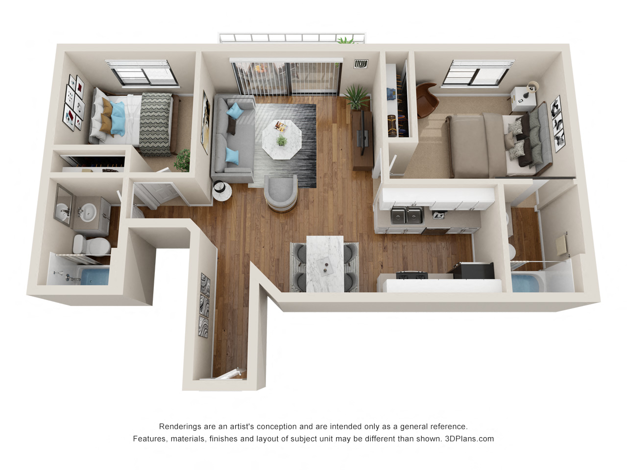 Floor plan for 2 beds, 2 baths, 940 sqft